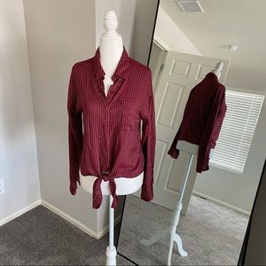 Francesca’s Striped Tie Waist Button Down Shirt, S